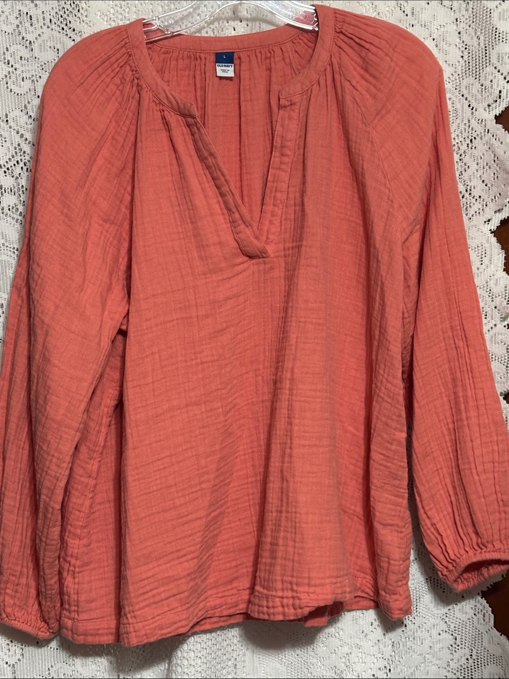 Old Navy Coral-Peach Long Sleeve Cotton Gauze Tunic Blouse Size L